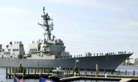 The USS Mason, an Arleigh Burke-class destroyer, passes a dock in Norfolk, Virginia, on  April 8, 2021. Officials said the USS Mason shot down a suspected Al Houthi drone flying in its direction during an incident.