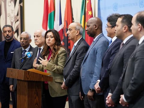 The United Arab Emirates Ambassador to the United Nations Lana Zaki Nusseibeh speaks during a press conference following a vote of the United Nations Security Council on a proposal to demand that Israel and Hamas allow aid access to the Gaza Strip - via land, sea and air routes - and set up UN monitoring of the humanitarian assistance delivered, at the UN headquarters in New York, on December 22, 2023.  