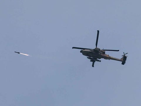 An Israeli military Apache helicopter fires a missile near Israel-Gaza border. The Israeli embassy wrote, alongside the now-removed video posted on its Facebook account on Tuesday: “On October 7th, Israel was attacked by Hamas terrorists. 1,200 men, women and children were killed, and over 240 people were taken hostage in Gaza.”