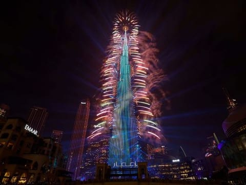 Burj Khalifa illuminates the Dubai sky with dazzling fireworks, ushering in the New Year 2024