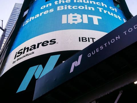 Blackrock iShares Bitcoin Trust ETF (IBIT) signage at the Nasdaq MarketSite in New York, US, on Thursday, Jan. 11, 2024.