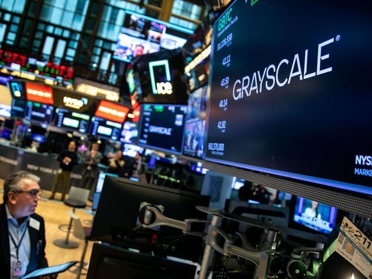 Grayscale Bitcoin Trust ETF (GBTC) signage on the floor of the New York Stock Exchange (NYSE) in New York. 
