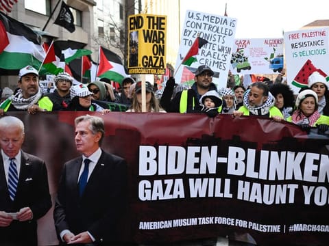 Protesters rally during the "March on Washington for Gaza" in Washington on January 13, 2024.  