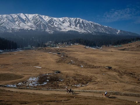  Tourists take a horse ride on grassy, snowless ski slopes in Gulmarg, northwest of Srinagar, on January 13, 2024. There is hardly any snow at Asia’s largest ski terrain in Gulmarg where thousands of domestic and international tourists would usually visit to ski and sledge its stunning snowscape in winter. 