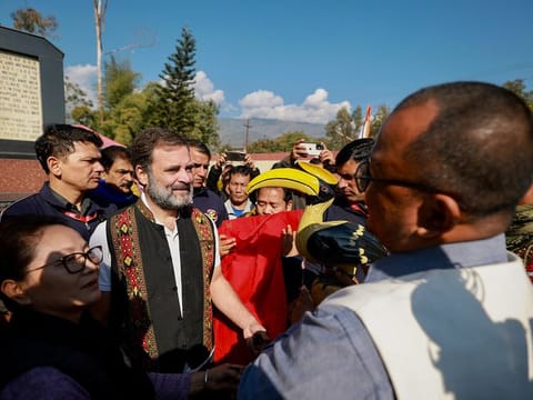 Congress leader Rahul Gandhi on the 2nd day of the 'Bharat Jodo Nyay Yatra', in Kangpokpi district, Manipur on Monday. 