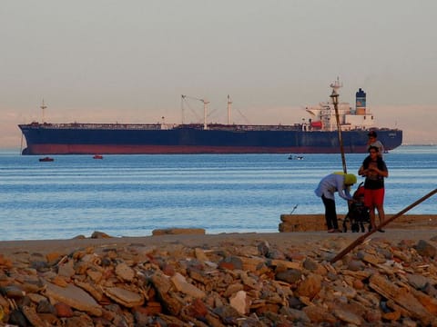 People walk on the beach as a container ship crosses the Gulf of Suez towards the Red Sea before entering the Suez Canal, in El Ain El Sokhna in Suez, east of Cairo, Egypt April 24, 2017. 