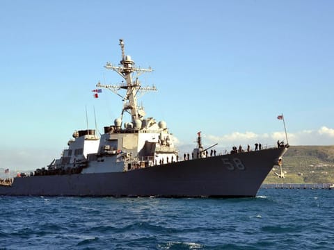 This US Navy handout photo taken on April 29, 2015 shows the USS Laboon (DDG-58) sailing into Souda Bay, Greece. The US military said on January 14, 2024 that its forces shot down a cruise missile fired at an American destroyer warship.