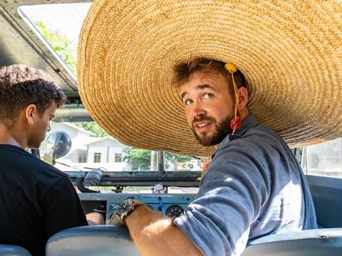 Alex, right, and Nat George in Oxford, the vehicle that took them on a historic trip covering 19,000km