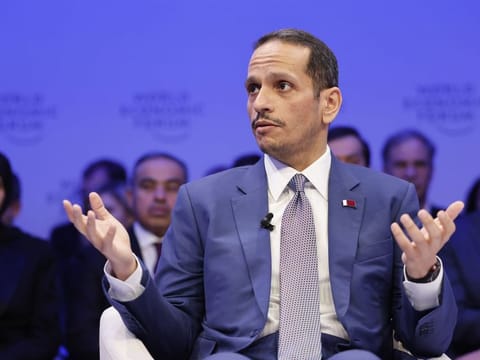 Mohammed bin Abdul Rahman bin Jassim Al Thani, Qatar's prime minister, during a conversation panel on the opening day of the World Economic Forum (WEF) in Davos, Switzerland, on January 16, 2024.  