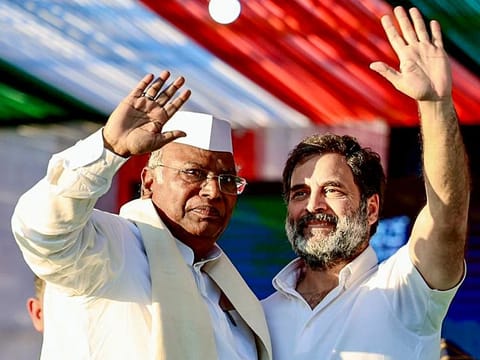 Congress president Mallikarjun Kharge and party leader Rahul Gandhi during the launch of Bharat Jodo Nyay Yatra, in Thoubal on Sunday. 