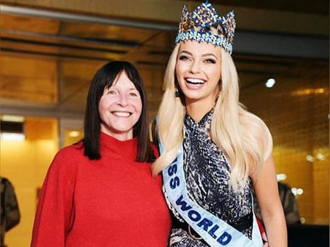 File photo: Julia Evelyn Morley CBE (left) with current Miss World Karolina Bielawska of Poland. 