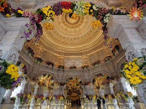 A glimpse from the Ram Temple ahead of its Pran Pratishtha ceremony on January 22, in Ayodhya on Sunday.