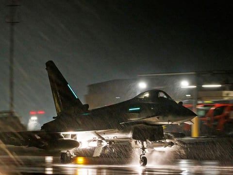 A handout picture released by the British Ministry of Defence (MOD) shows Royal Air Force Typhoon FGR4 taking off from RAF Akrotiri in Cyprus. File photo taken on January 22, 2024.