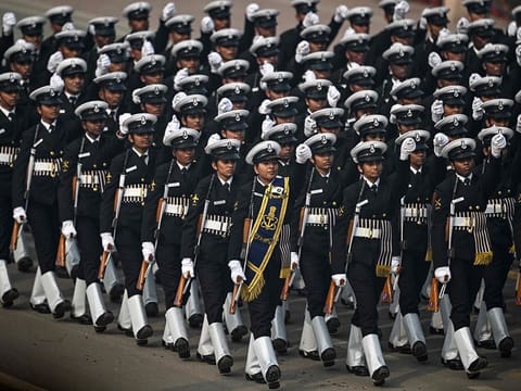Indian Navy contingent march past during India’s 75th Republic Day parade in New Delhi on January 26, 2024. 