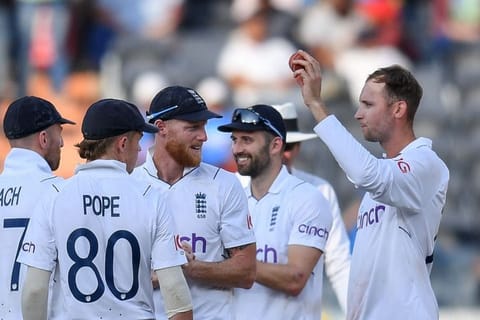 England's Tom Hartley (right) celebrates after taking five-wicket haul during the fourth day of the first Test against India in Hyderabad on January 28, 2024.