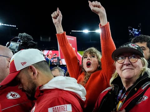 Taylor Swift, left, and Donna Kelce watch the Kansas City Chiefs receive the Lamar Hunt trophey after an AFC Championship NFL football game between the Baltimore Ravens and the Kansas City Chiefs, Sunday, Jan. 28, 2024, in Baltimore. The Kansas City Chiefs won 17-10