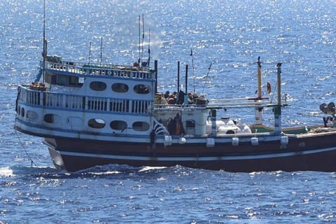 This handout photograph taken on January 29, 2024 and released by Indian Navy shows an Iranian fishing vessel after it has been freed by the Indian Navy, off the coast of Somalia in the Indian Ocean.  