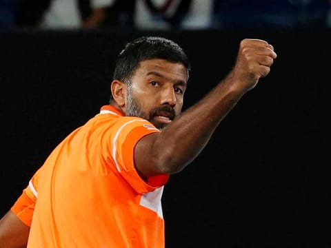 India's Rohan Bopanna reacts during the men's doubles final with Australia's Matthew Ebden against Italy's Simone Bolelli and Andrea Vavassori 