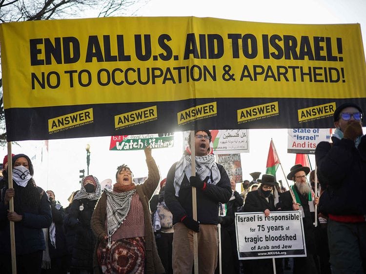 Pro-Palestinian activists hold a rally at Union Station on February 01, 2024 in Washington, DC. The group of activists held several protests around the city in an attempt to shutdown the morning commute as they called for a ceasefire in the Israel-Hamas war.    