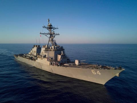 The Arleigh Burke-class guided-missile destroyer USS Carney (DDG 64) operating in the Mediterranean Sea.