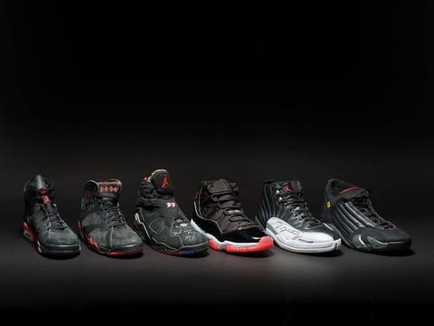A collection of sneakers dubbed the "Dynasty Collection" that superstar Michael Jordan wore as he and the Chicago Bulls won six NBA championships.