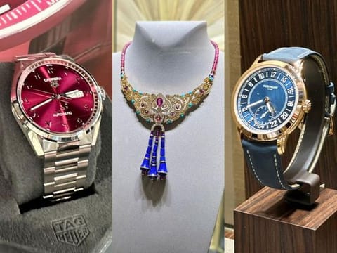 From left:  Tag Heuer Carrera Qatar watch, Demeure d’Asterion necklace and Patek Philippe Travel Time watch.