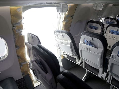 The fuselage plug area of Alaska Airlines Flight 1282 Boeing 737-9 MAX, which was forced to make an emergency landing with a gap in the fuselage.