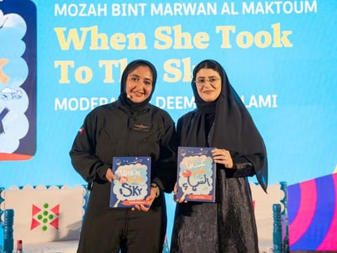 Sheikha Mozah Bint Marwan Al Maktoum (left), aviator and author, with Mariam Al Obeidli, Managing Director of Kalimat Group pubblishing house, with copies of "When She Took to the Sky", launched recently in Dubai during the Emirates Airline Festival of Literature 2024. 