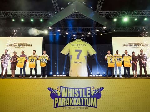 Chennai Super Kings players and Etihad Airways officials during the announcement to mark the beginning of a new partnership on Thursday.