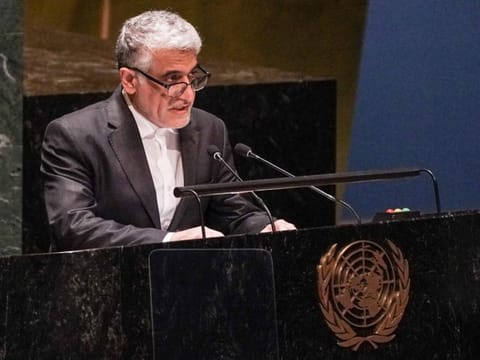 Iran's United Nations Ambassador Amir Saeid Iravani addresses the UN General Assembly at UN headquarters on February 23, 2023.  In a letter to the UN Security Council, Iravani denounced “baseless accusations” that it was behind the attacks on US facilities and said the “illegal” response carried out by Americans over the weekend is putting international peace at risk.