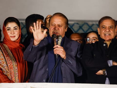 Former Prime Minister of Pakistan Nawaz Sharif speaks, flanked by his daughter and politician Maryam Nawaz Sharif and his brother and former Prime Minister Shahbaz Sharif, at the party office of Pakistan Muslim League (N) at Model Town in Lahore, Pakistan, February 9, 2024. 