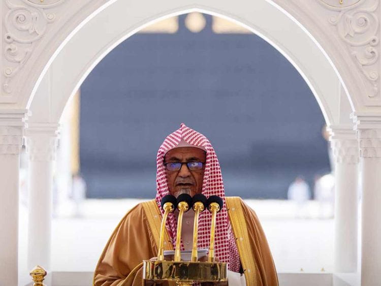 Saudi cleric Sheikh Saleh bin Hamid delivers the Friday sermon at the Grand Mosque. 