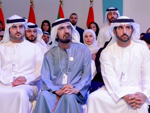 (centre) His Highness Sheikh Mohammed bin Rashid Al Maktoum, Vice President and Prime Minister of the UAE and Ruler of Dubai, Sheikh Hamdan bin Mohammed bin Rashid Al Maktoum (R), Crown Prince of Dubai and Chairman of The Executive Council of Dubai, and Sheikh Maktoum bin Mohammed bin Rashid Al Maktoum (L), First Deputy Ruler of Dubai and Deputy Prime Minister and Minister of Finance of the UAE, at a session at World Governments Summit in Dubai on Sunday 