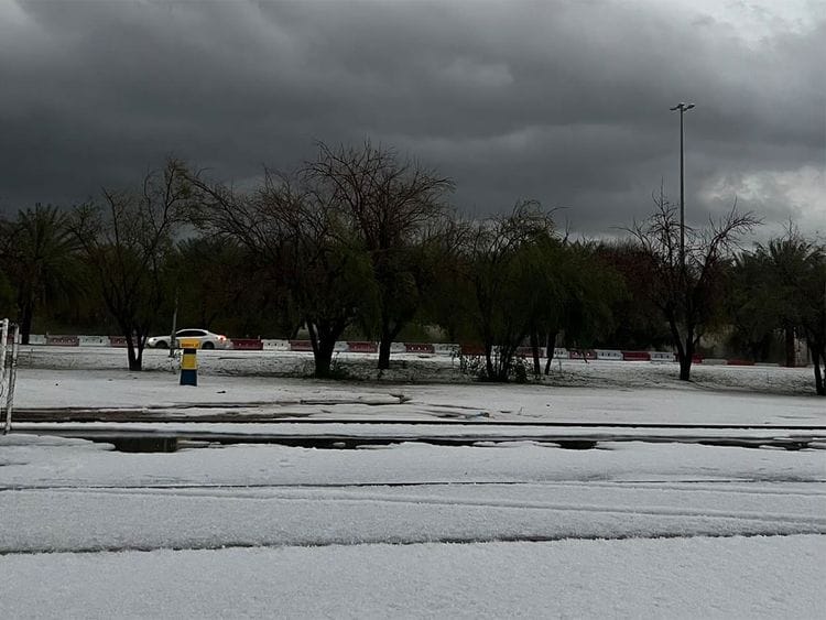 Hail covers Al Ain, in Abu Dhabi.