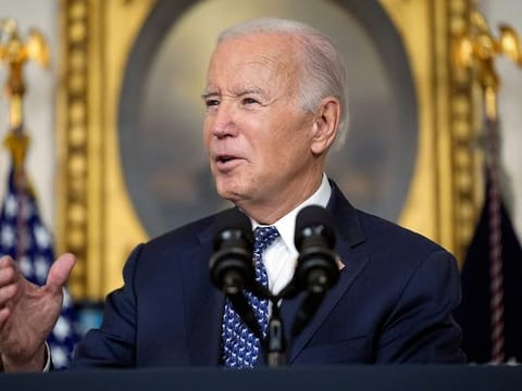 President Joe Biden speaks in the Diplomatic Reception Room of the White House, Thursday, Feb. 8, 2024, in Washington