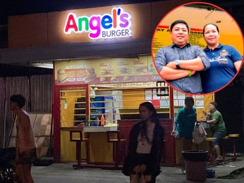 Competing on the cost front: 24/7 Angel’s Burger fast food kiosks can be found in street corners, marketplaces, and commercial areas in most cities and big towns across the Philippines. Inset, the burger chain founders Joseph and Vicky Mojica.