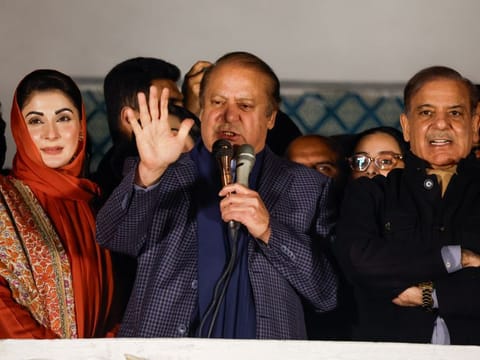 Nawaz Sharif is flanked by his daughter and politician Maryam and his brother Shehbaz at the party office of Pakistan Muslim League (N) at Model Town in Lahore. In a post shared on X, Maryam said Nawaz will not only participate in active politics for the next five years but also oversee the PML-N-led governments in Punjab and Centre.