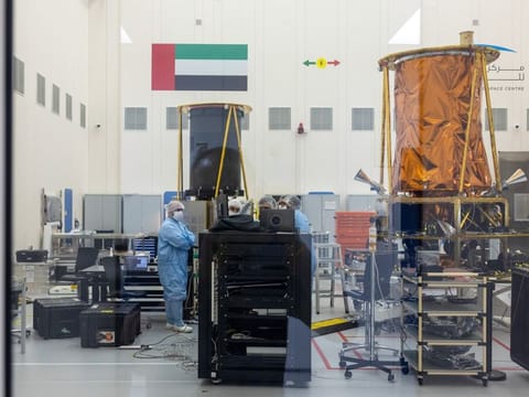 MBRSC staff working on fully assembled MBZ satellite to be launched mid 2024. which was reveiled to the media for the first time. Photo: Virendra Saklani/Gulf News
