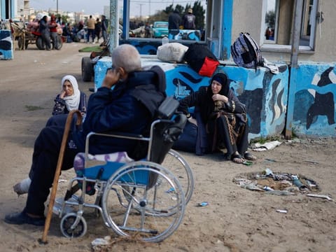 Palestinian patients rest as they arrive in Rafah after they were evacuated from Nasser hospital in Khan Younis due to the Israeli ground operation, amid the ongoing conflict between Israel and Hamas, in the southern Gaza Strip, on February 15, 2024.  