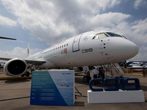 A Commercial Aircraft Corp of China Ltd. (Comac) C919 aircraft operated by China Eastern Airlines Corp. during the Singapore Airshow in Singapore, on Wednesday, February 21, 2024. 