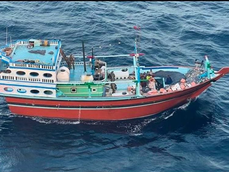 US military's Central Command shows what it is described as the vessel that carried Iranian-made missile components bound for Yemen's Houthi in the Arabian Sea.