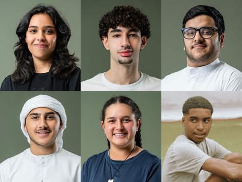 Clockwise from top left: Recipients of the Sports Scholarship Boarding programme of the Abu Dhabi Department of Education and Knowledge — Shahad Mohamed Alkharoossim, Zaid Saed Arar, Rashed Ali Alyammahi, Mubarak Juma Alteneiji, Sara Ali Abubaker, and Rashed Ali Alnaqbi.