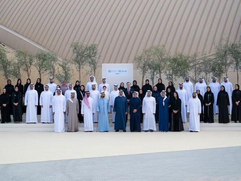 President His Highness Sheikh Mohamed bin Zayed Al Nahyan and His Highness Sheikh Mohammed Bin Rashid Al Maktoum, Vice-President and Prime Minister of the UAE and Ruler of Dubai, stand for a photograph with medal recipients during an honouring ceremony for COP28 negotiators, staff and participants, at Erth. 