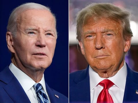 President Joe Biden, left, speaks on Aug. 10, 2023, in Salt Lake City, and former President Donald Trump speaks on June 13, 2023, in Bedminster, N.J. 