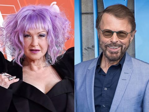 Cyndi Lauper arrives at the 74th annual Tony Awards in New York on Sept. 26, 2021, left, and Bjorn Ulvaeus appears at the premiere of "Mamma Mia! Here We Go Again" in London on July 16, 2018.