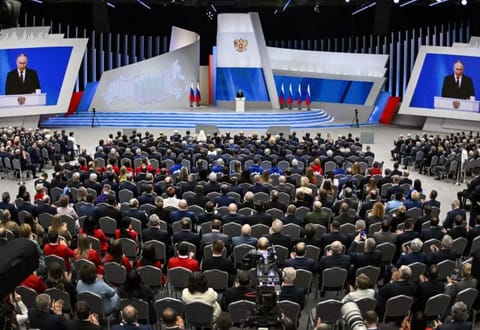 Russian President Vladimir Putin delivers his annual state of the nation address at the Gostiny Dvor conference centre in central Moscow on February 29, 2024.  