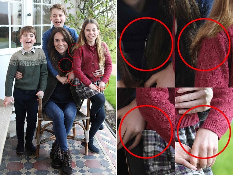 A combination of pictures made on March 11, 2024 shows a handout photo released by Kensington Palace on March 10, 2024 of Britain's Catherine, Princess of Wales with her children, alongside a version highlighting several inconsistencies in alignments after it came to light that the handout had been manipulated.  