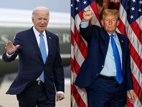 This combination of pictures created on March 06, 2024 shows US President Joe Biden in Maryland, on January 30, 2024 and former US president and 2024 presidential candidate Donald Trump in Claremont, New Hampshire, on November 11, 2023. Donald Trump marched March 6, 2024 towards a bitter rematch against President Joe Biden in November as his final Republican rival Nikki Haley thew in the towel after a thumping defeat in the "Super Tuesday" primaries. 