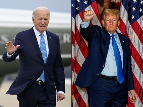 This combination of pictures created on March 06, 2024 shows US President Joe Biden in Maryland, on January 30, 2024 and former US president and 2024 presidential candidate Donald Trump in Claremont, New Hampshire, on November 11, 2023. Donald Trump marched March 6, 2024 towards a bitter rematch against President Joe Biden in November as his final Republican rival Nikki Haley thew in the towel after a thumping defeat in the "Super Tuesday" primaries. 