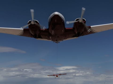 An aircraft is towed during a demonstration at the Aerolane flight test center in Lubbock, Texas, on March 7.